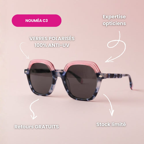 Lunettes de soleil pour femme modèle Nouméa C3 de Lumeya Suntribe, monture design écaillée bleue et rose avec verres polarisés 100% anti-UV, qualité expertise opticien. Stock limité et retours gratuits
