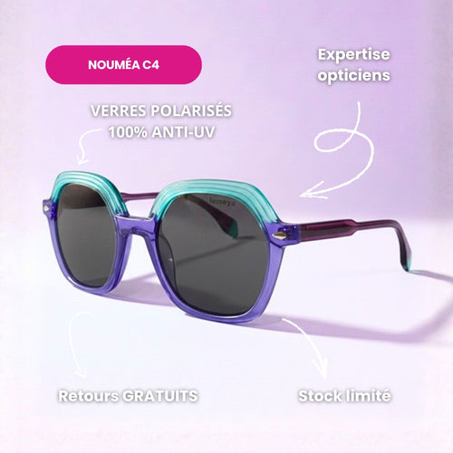 Lunettes de soleil pour femme modèle Nouméa C4 de Lumeya Suntribe, monture bicolore turquoise et violette, branches framboises, avec verres polarisés 100% anti-UV, qualité expertise opticien.