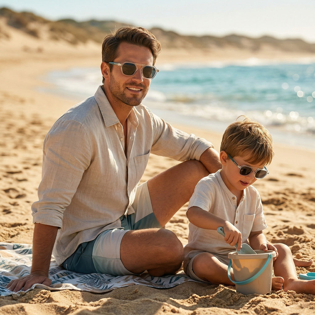 Père et fils portant des lunettes de soleil matchy matchy du modèle Kanuméra C1 de la marque Lumeya Suntribe. Ces lunettes pour homme adulte et enfant sont dotées de verres polarisés et offrent une protection à 100% contre les rayons UV, alliant style, confort et sécurité solaire pour toute la famille lors de sorties en extérieur.
