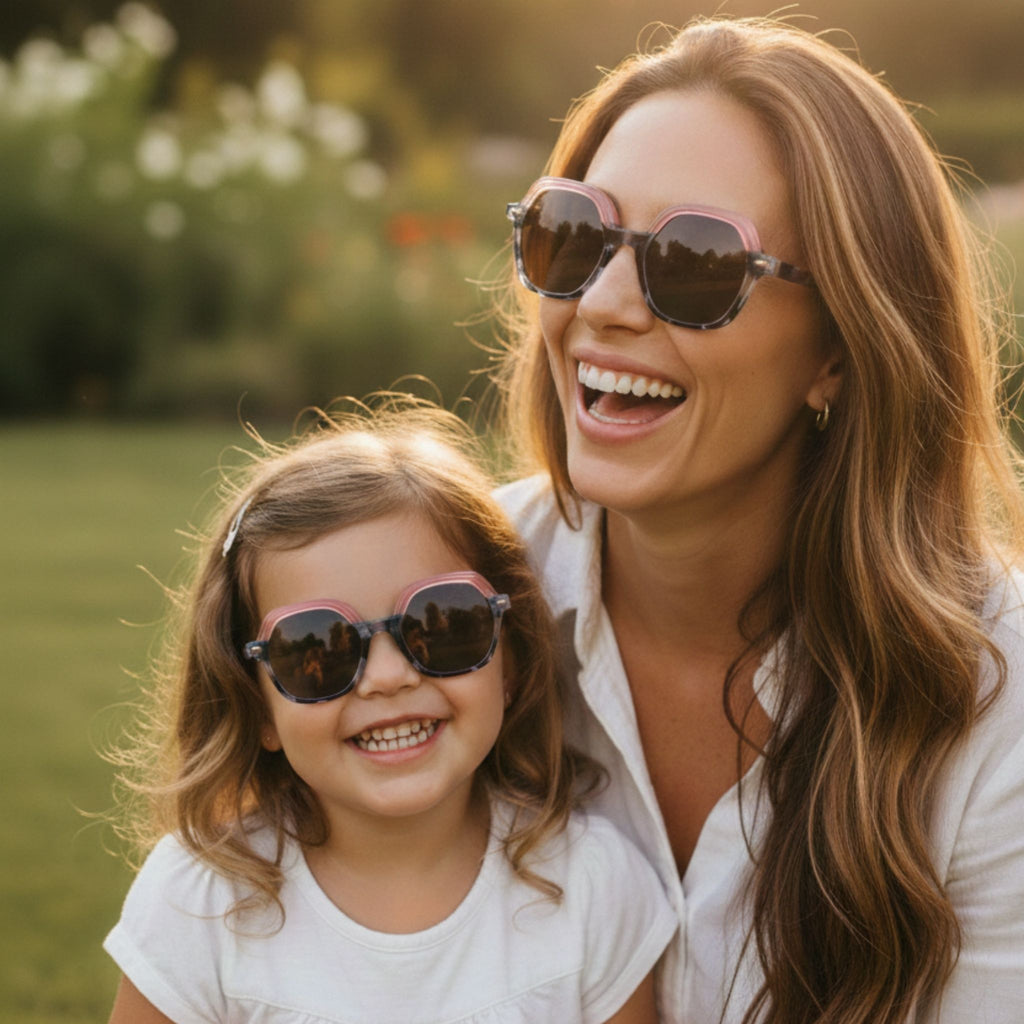 Maman et fille portant des lunettes de soleil matchy matchy du modèle Nouméa C3 de la marque Lumeya Suntribe. Ces lunettes pour femme et enfant sont dotées de verres polarisés et offrent une protection à 100% contre les rayons UV, alliant style, confort et sécurité solaire pour toute la famille lors d'une sortie en extérieur au coucher du soleil.