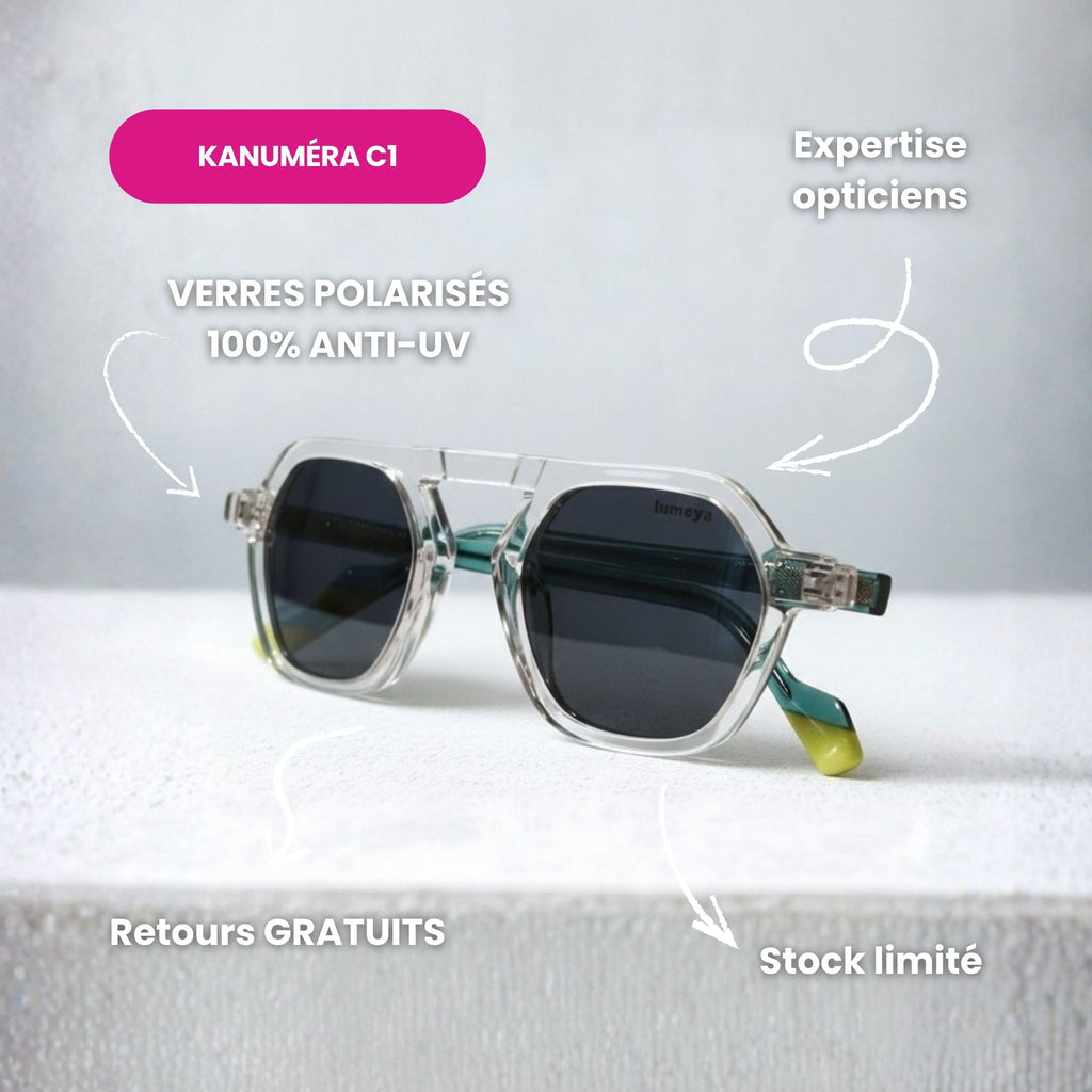Lunettes de soleil pour femme modèle Kanuméra C1 de Lumeya Suntribe, monture crystal transparente, branches bleu canard, avec verres polarisés 100% anti-UV, qualité expertise opticien, stock limité.