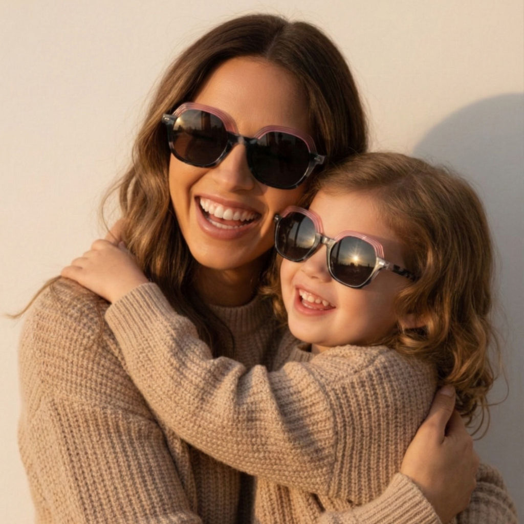 Maman et fille portant des lunettes de soleil matchy matchy du modèle Nouméa C3 de la marque Lumeya Suntribe. Ces lunettes pour femme et enfant sont dotées de verres polarisés et offrent une protection à 100% contre les rayons UV, alliant style, confort et sécurité solaire pour toute la famille lors d'une sortie en extérieur au coucher du soleil.