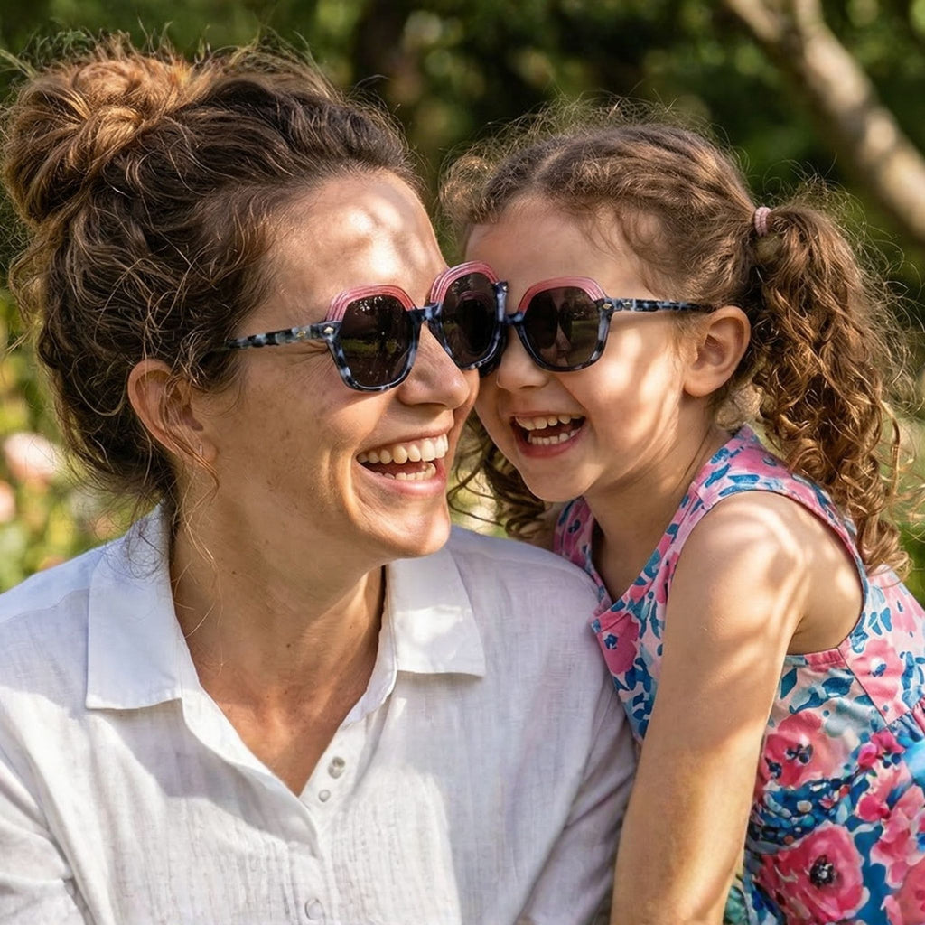 Maman et fille portant des lunettes de soleil matchy matchy du modèle Nouméa C3 de la marque Lumeya Suntribe. Ces lunettes pour femme et enfant sont dotées de verres polarisés et offrent une protection à 100% contre les rayons UV, alliant style, confort et sécurité solaire pour toute la famille lors d'une sortie en extérieur au coucher du soleil.