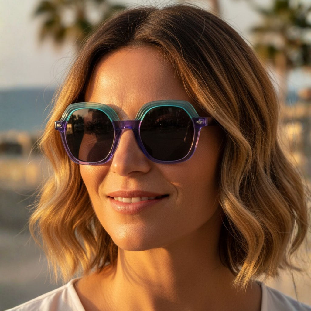 Portrait lifestyle d'une femme portant les lunettes de soleil Nouméa C4 de Lumeya Suntribe, verres 100% anti-UV et polarisés, monture design aux nuances dégradées turquoise et violette, idéale pour un look solaire.
