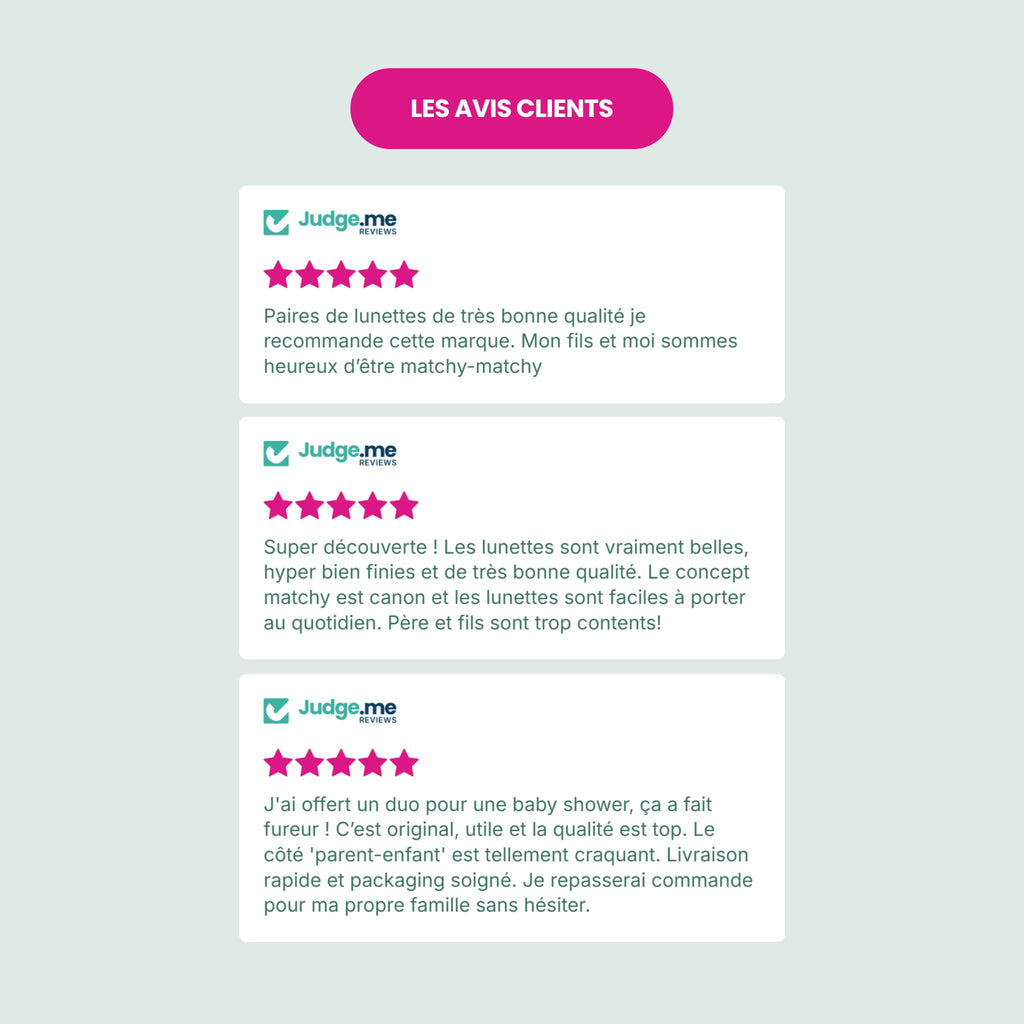 Sélection d'avis clients 5 étoiles certifiés Judge.me pour les lunettes de soleil Kanuméra C1 de Lumeya Suntribe, mettant en avant le concept matchy-matchy père-fils, la qualité des finitions et l'idée cadeau originale pour baby shower avec livraison rapide et packaging soigné.