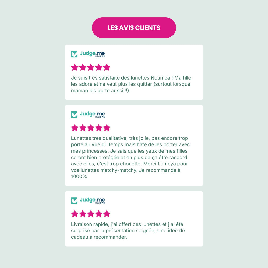 Témoignages et avis clients 5 étoiles certifiés Judge.me pour les lunettes de soleil Nouméa C3 Nouméa de Lumeya Suntribe, soulignant la protection oculaire optimale, le plaisir du look matchy-matchy mère-fille, la rapidité de livraison et la présentation soignée idéale pour un cadeau.