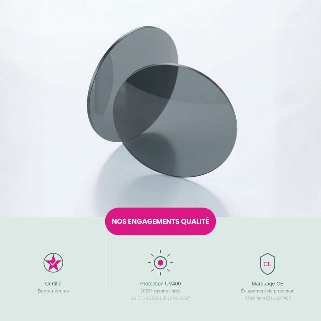 Infographie des engagements qualité Lumeya Suntribe présentant deux verres solaires techniques et certifiés : protection UV400 avec 100% des rayons filtrés (norme EN ISO 12312-1), certification Bureau Veritas et marquage CE garantissant un équipement de protection conforme au règlement européen.