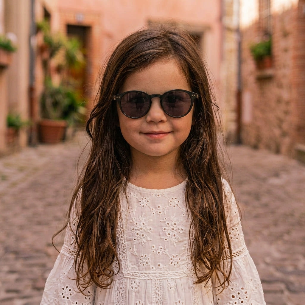 Portrait de face d'une petite fille aux longs cheveux bruns portant des lunettes de soleil rondes et une robe en dentelle blanche dans une rue pavée.
Jeune fille souriante portant des lunettes de soleil noires rondes de style vintage et une blouse en broderie anglaise blanche, posant dans une ruelle italienne pittoresque.