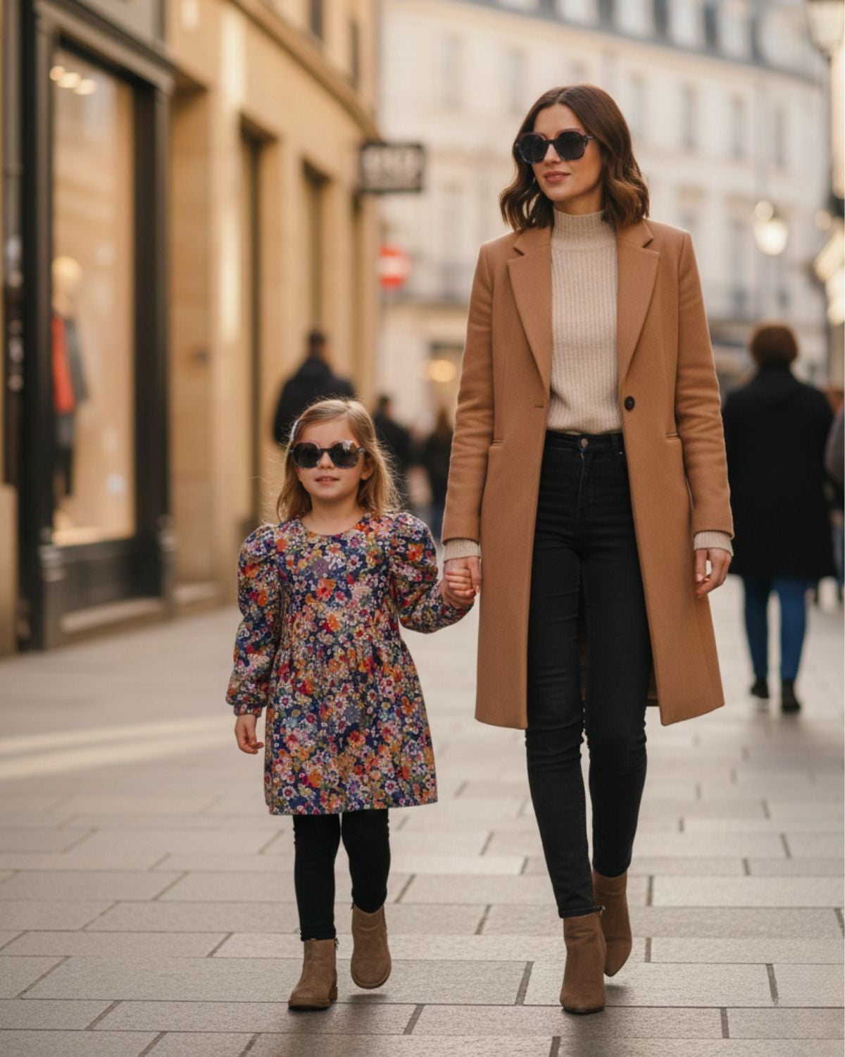 une maman et sa fille se balade en ville main dans la main avec leurs lunettes de soleil polarisées matchy matchy nouméa c3