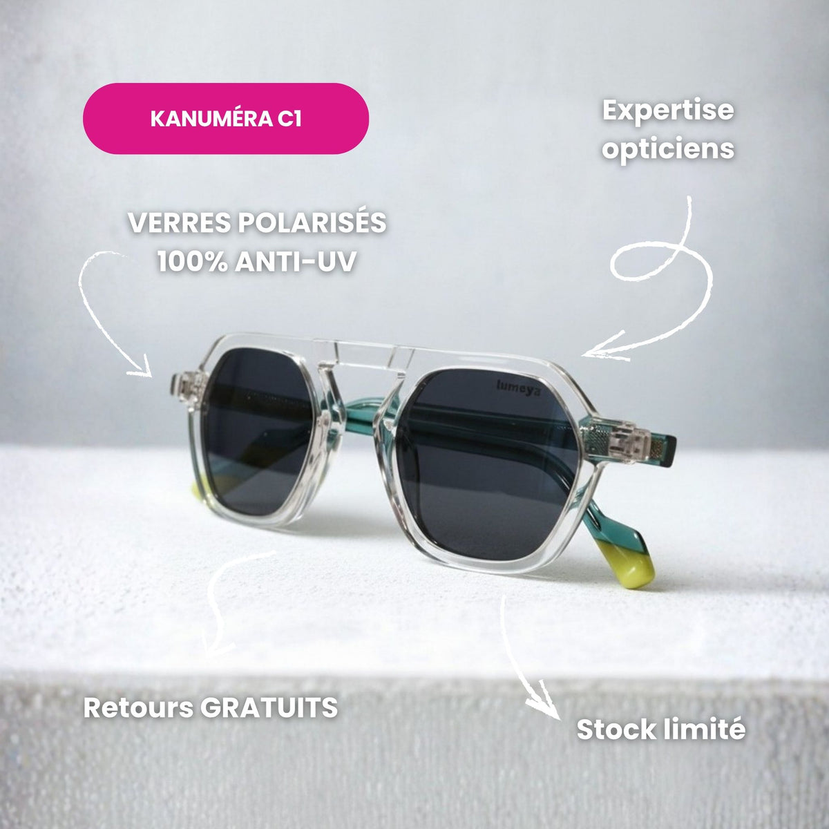 Lunettes de soleil pour homme modèle Kanuméra C1 de Lumeya Suntribe, monture crystal transparente, branches bleu canard, avec verres polarisés 100% anti-UV, qualité expertise opticien, stock limité.
