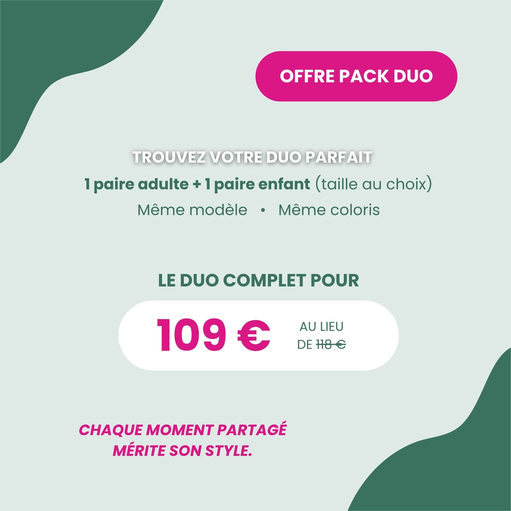 Offre Pack Duo Lumeya Suntribe : lot comprenant une paire de lunettes de soleil adulte et une paire enfant assorties (même modèle et coloris) au prix promotionnel de 109€ au lieu de 118€.