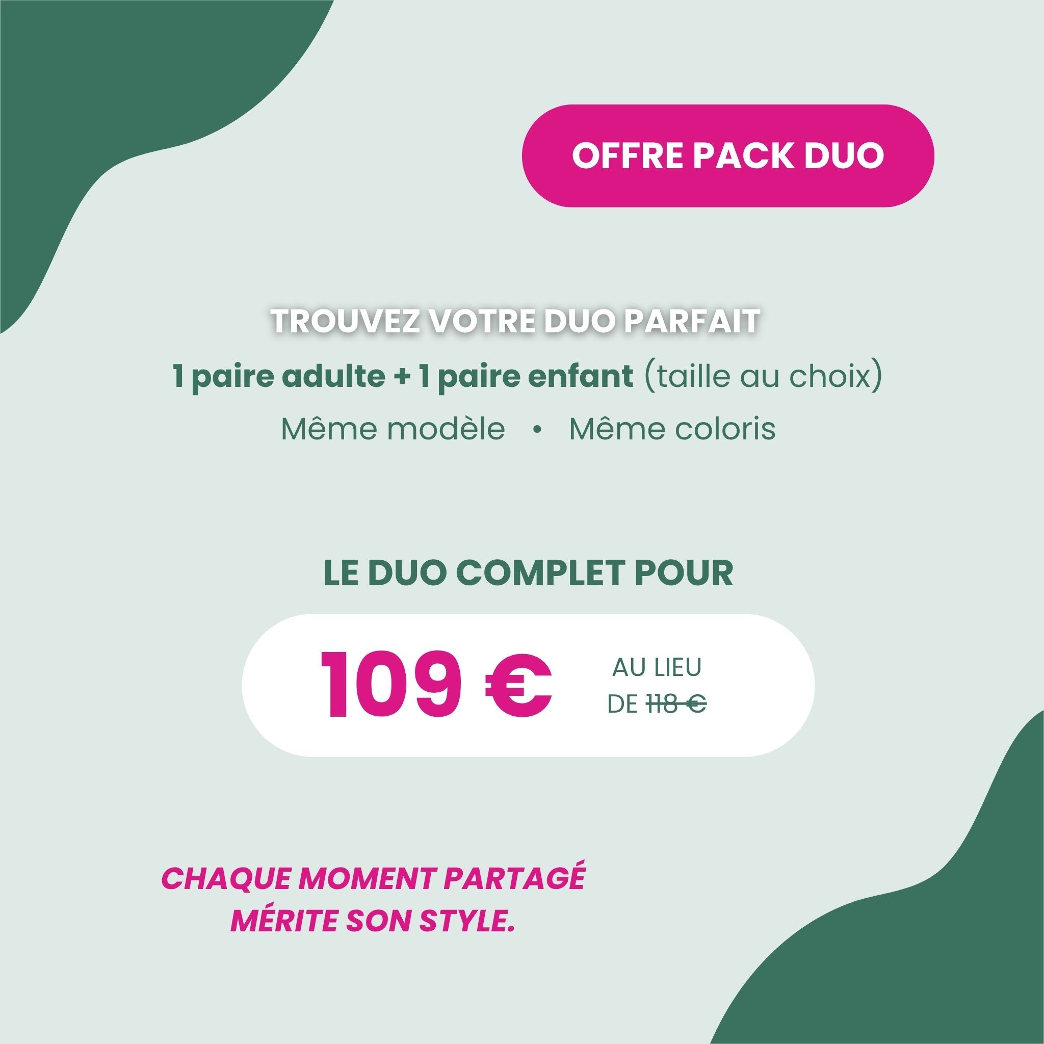 Offre Pack Duo Lumeya Suntribe : lot comprenant une paire de lunettes de soleil adulte et une paire enfant assorties (même modèle et coloris) au prix promotionnel de 109€ au lieu de 118€.