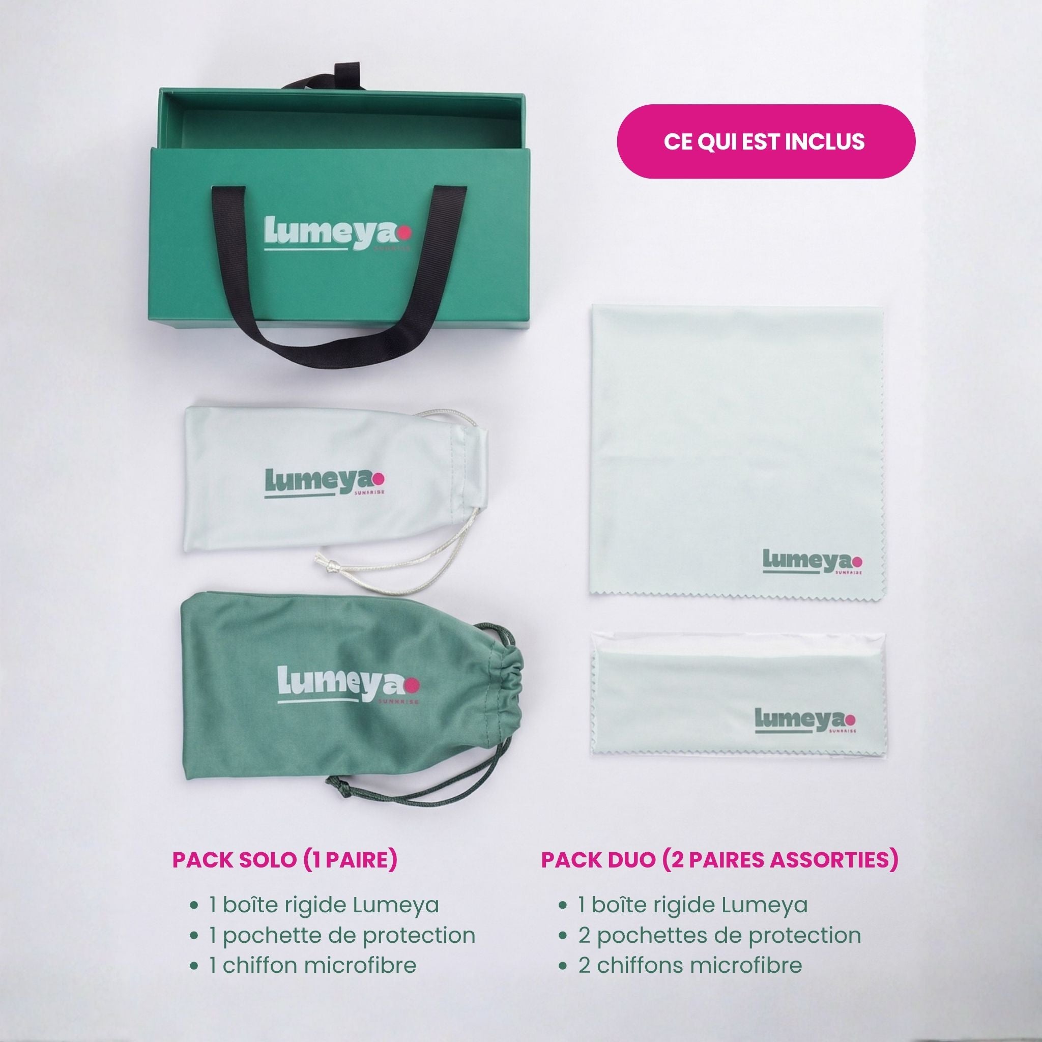 Contenu du packaging Lumeya Suntribe pour le Pack Solo et le Pack Duo : présentation des accessoires inclus comprenant une boîte rigide aimantée verte, des pochettes de protection souples et des chiffons microfibres logotés pour l'entretien des lunettes de soleil.