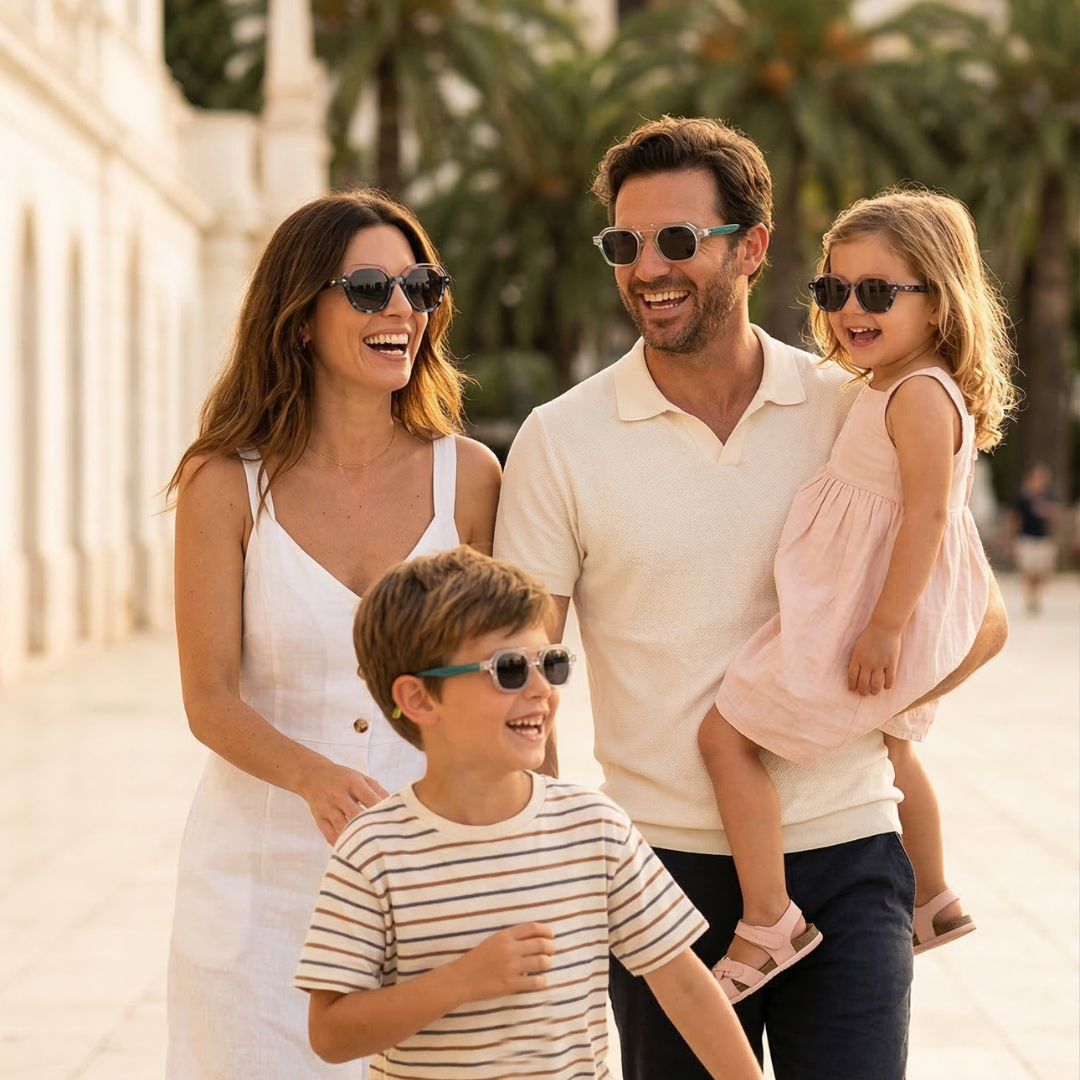 Une famille souriante, un père, une mère et deux jeunes enfants, marchant à l'extérieur sous une lumière estivale. Ils portent tous des lunettes de soleil au design coordonné (style matchy-matchy) avec des montures élégantes et des verres teintés. Les parents et les enfants sont habillés dans des tons clairs et naturels (blanc, crème, rayures), créant une harmonie visuelle parfaite qui souligne l'unité de la famille et le concept de look partagé.