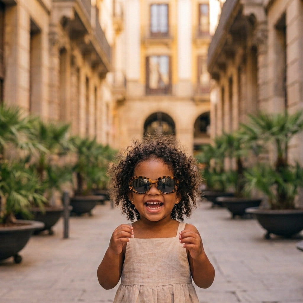 Petite fille de 2 ans souriante dans une rue pavée, portant des lunettes de soleil ovales écaille de tortue à verres gris de catégorie 3 et une robe beige.